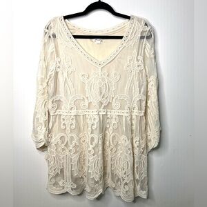 Ultra Pink Boho Lace Top Sheer Embroidered Long Bell Sleeves Blouse SZ L EUC